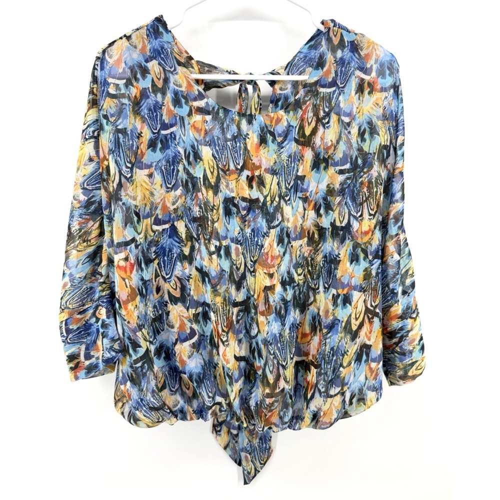Liverpool Los Angeles Blue Feather Print Sheer Blouse Banded Hem Tie Art Boho XS